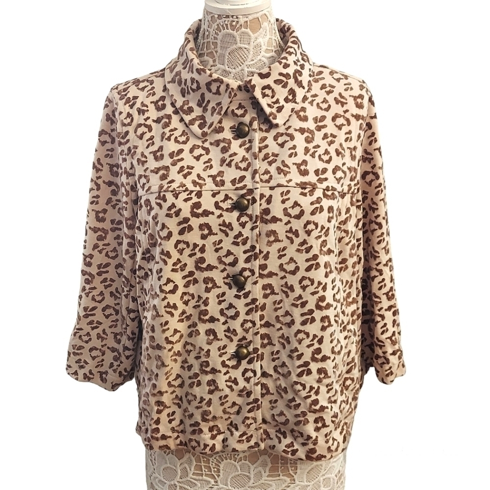 DIALOGUE Leopard Print Buttoned Down 3/4 Length Sleeve Jacket L Mob Wife  Chic